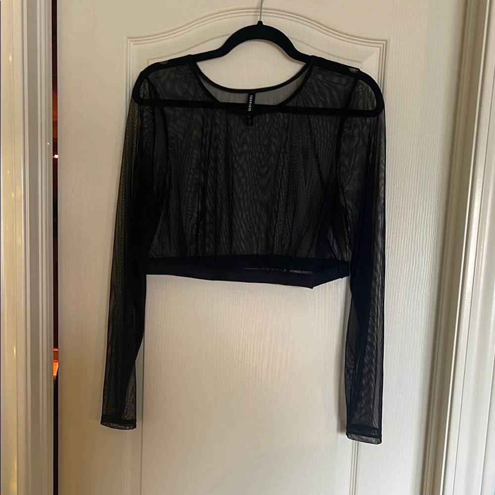 Torrid Black Sheer Crop Blouse with Long Sleeves